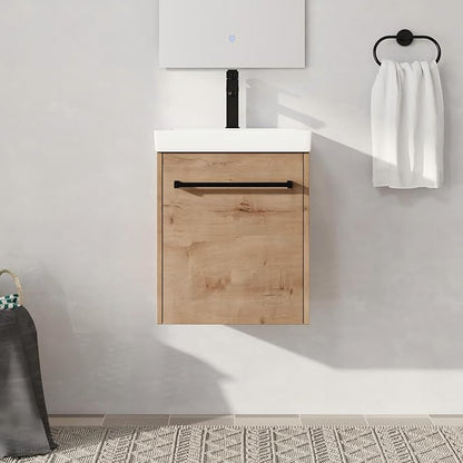 18" Bathroom Vanity with Sink, 18 Inch Floating Vanity, Modern Brown Bathroom Vanity Set, Single Sink Wall Mounted Vanity Combo with 1 Door