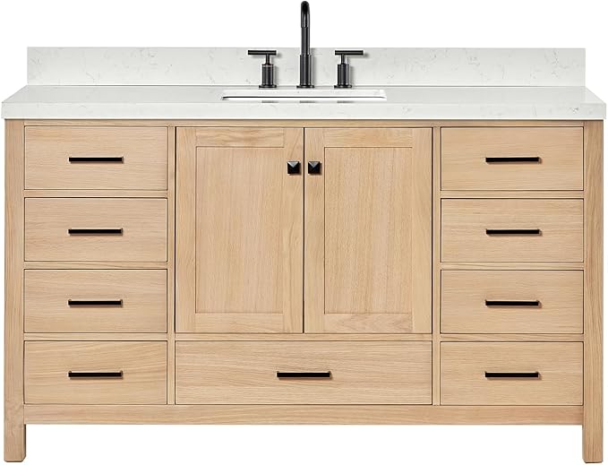 ARIEL 60 inch Bathroom Vanity top with Sink, 1.5 Inch Thick Miter Edge Carrara White Quartz top, Rectangle Single Porcelain Sink, Includes Backsplash