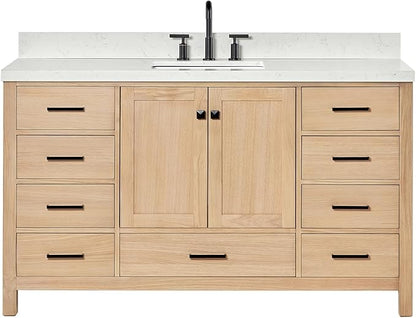 ARIEL 60 inch Bathroom Vanity top with Sink, 1.5 Inch Thick Miter Edge Carrara White Quartz top, Rectangle Single Porcelain Sink, Includes Backsplash