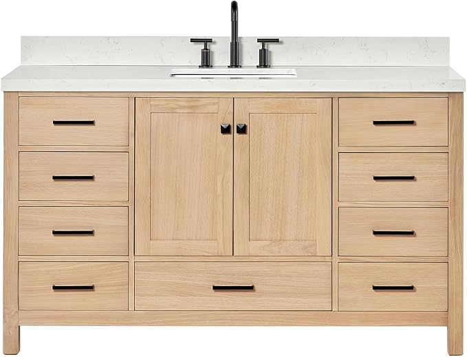 ARIEL Cambridge 60-inch Bathroom Vanity with Sink,Solid Wood, 1.5-inch Carrara White Quartz Countertop, Single Rectangular Porcelain Sink, 2 Soft Closing Doors, 9 Dovetail Drawers, White Oak