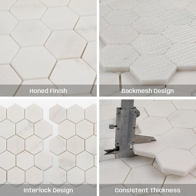 Marble Mosaic Tile, 2 Inch Hexagon, Honed, White Natural Stone Mosaic Tiles for Kitchen Backsaplsh, Shower Floor, Bathroom, Accent Wall, Pack of 5 Sheets