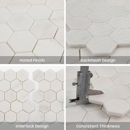 Marble Mosaic Tile, 2 Inch Hexagon, Honed, White Natural Stone Mosaic Tiles for Kitchen Backsaplsh, Shower Floor, Bathroom, Accent Wall, Pack of 5 Sheets
