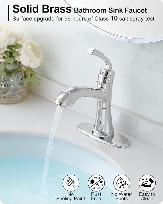 Brass Bathroom Sink Faucet Single Handle, Bath Sink Faucet, Chrome Bathroom Faucet 1 Hole or 3 Holes, Vanity Faucets 4 Inch with Pop-up Drain, Deck Plate, Pre-Installed Hose Save Water