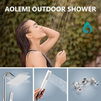 Aolemi Outdoor Shower Kit with Handheld,Square Rain Shower,Polish Chrome | 2-Handle Hot and Cold Control, Adjustable Height, 6-Inch Center Valve, 59-Inch Hose, Winter Drainage Outdoor Shower Fixtures