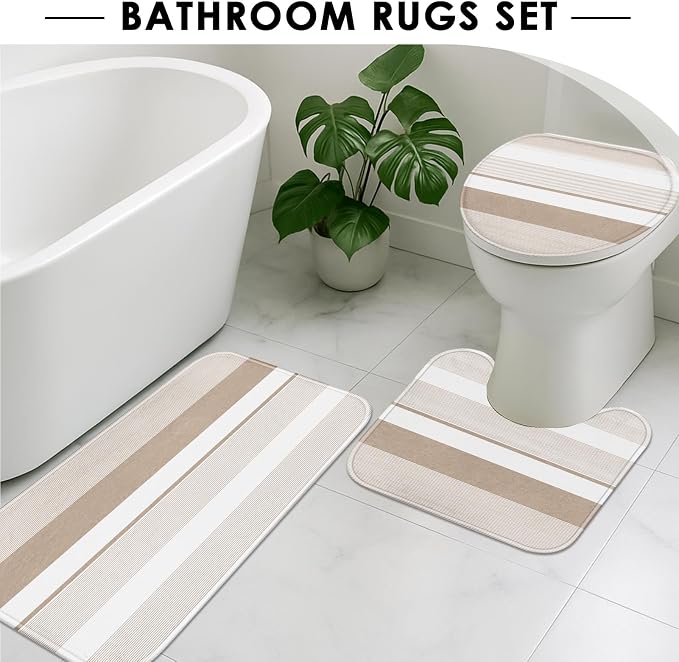 Bathroom Sets with Shower Curtain and Rugs, 4 Pcs, Abstract Striped | Modern Beige Simple Bathroom Decor Set with Toilet Lid Cover, Non-Slip Bath Mats and Accessories 12 Hooks