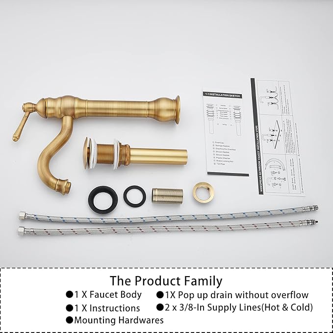GGStudy 360° Swivel Antique Brass Bathroom Vessel Sink Faucet Single Handle One Hole Matching with Pop Up Drain