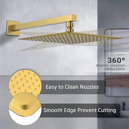 EMBATHER Brushed Gold Shower System- 10 inch Shower Faucet Sets with Rain Shower Head Hand Held Shower Head for Bathroom, Wall Mounted Square Shower Combo Set (Contain Shower Valve and Trim)