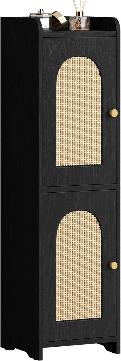 Bathroom Storage Cabinet, Small Corner Floor Cabinet with 2 Doors and Adjustable Shelf, Narrow Toilet Paper Cabinets, Bathroom Organizer for Small Spaces, 7.9"D x 7.9"W x 29.5"H Rattan Black