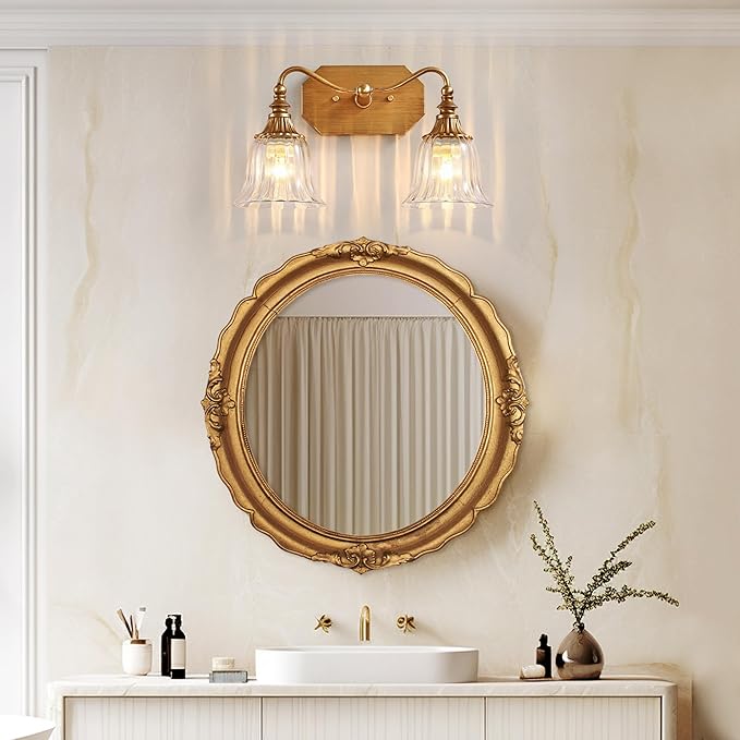 Bathroom Vanity Gold Light Fixture, 2 Lights Bathroom Lighting Matte Antique Brass Finish with Crystal Glass Shade, Gold Vintage Vanity Light for Bathrooms