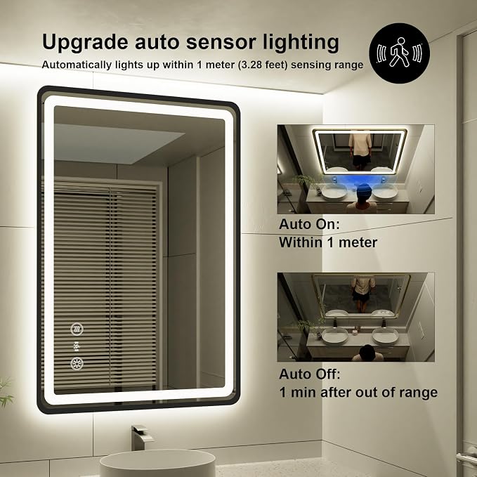 24x36 Inch LED Bathroom Mirror with Auto Sensor Lights, Black Framed Wall Bathroom Mirror, Backlit & Frontlit, Dimmable, Anti-Fog, 3 Colors, Memory Function, Smart Lighted Mirror for Vanity