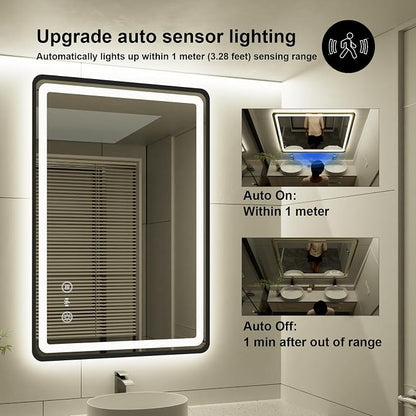 24x36 Inch LED Bathroom Mirror with Auto Sensor Lights, Black Framed Wall Bathroom Mirror, Backlit & Frontlit, Dimmable, Anti-Fog, 3 Colors, Memory Function, Smart Lighted Mirror for Vanity