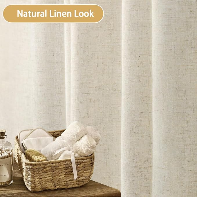 Linen Shower Curtain Flax Cream, Fabric Boho Farmhouse Shower Curtains for Bathroom Cream Cotton Natural Cloth Liner Set 48" W x 72" L