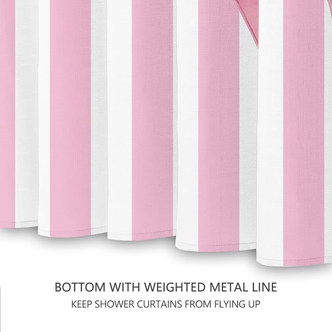 Tititex Cute Candy Cane Striped Pink Bow 140gsm Faux Linen Fabric Shower Curtain, Elegant Classic Shower Curtain Sets Decoration 72x72 Inch with Hooks