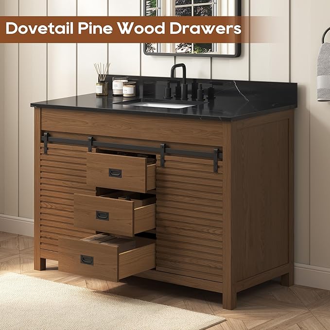 48 Inch Bathroom Vanity with Sink, Farmhouse Solid Wood Frame Vanity with Sink, Sliding Barn Door Bathroom Storage Cabinet with Soft-Closing Dovetail Drawers, Brown Oak