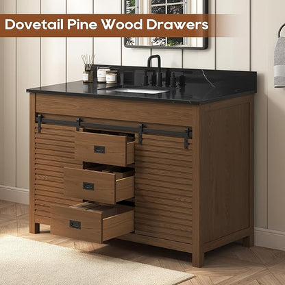 48 Inch Bathroom Vanity with Sink, Farmhouse Solid Wood Frame Vanity with Sink, Sliding Barn Door Bathroom Storage Cabinet with Soft-Closing Dovetail Drawers, Brown Oak
