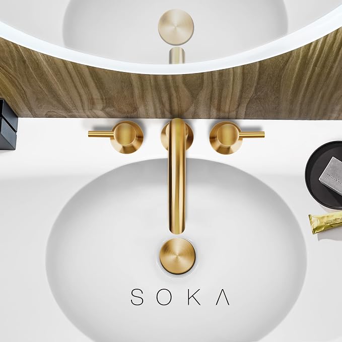 SOKA SK1B001AR Bathroom Sink faucets, 8 INCH Gooseneck - Lever, Gold + G