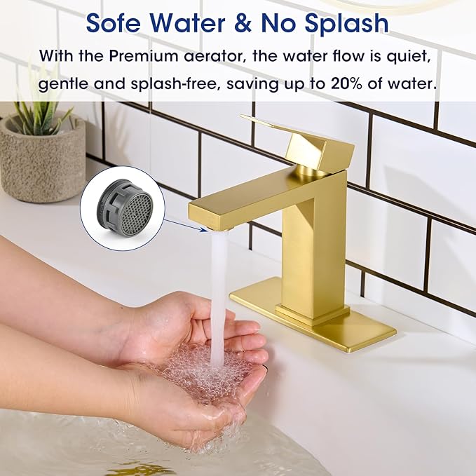 Brush Gold Bathroom Faucet, Stainless Steel Vanity Faucet with Pop Up Drain Stopper and Water Hoses, Easy to Install Bathroom Faucet 1 Hole for Bathroom Sink, Vanity, RV, Farmhouse