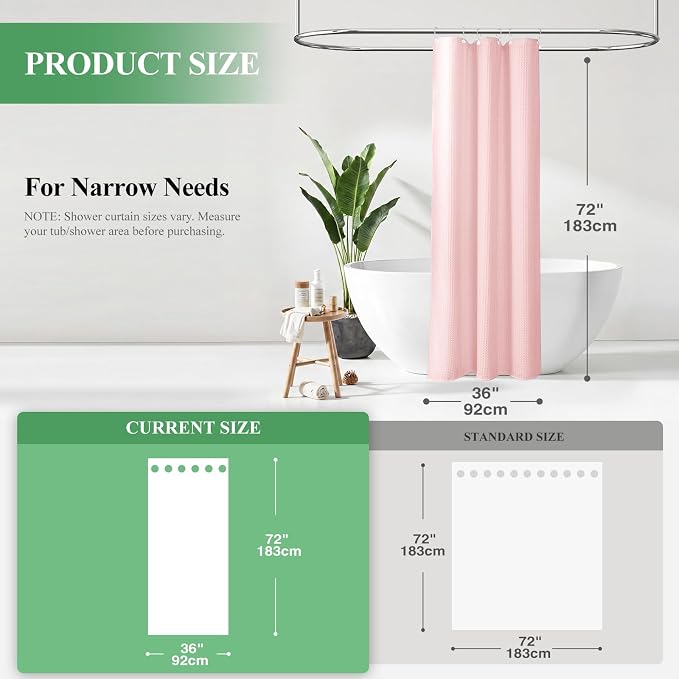 Stall Waffle Shower Curtain 256 GSM Heavy Fabric 36x72 Pink | Narrow Half Size, Thick Cloth, Weighted Hem, Water Repellent, Hotel Luxury Polyester Shower Curtain Set for Bathroom 6 Hooks