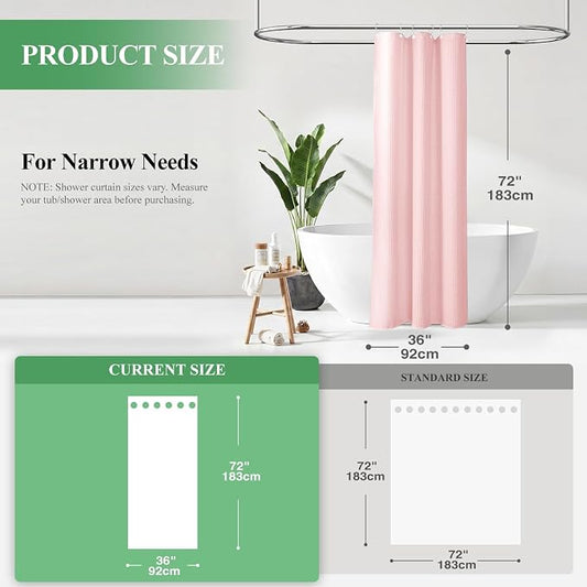 Stall Waffle Shower Curtain 256 GSM Heavy Fabric 36x72 Pink | Narrow Half Size, Thick Cloth, Weighted Hem, Water Repellent, Hotel Luxury Polyester Shower Curtain Set for Bathroom 6 Hooks