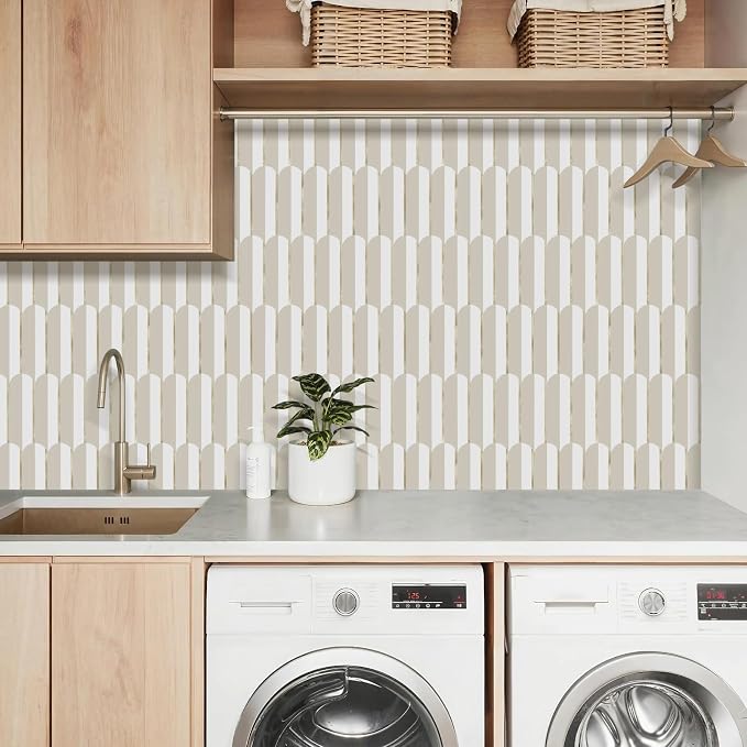 Vamos Tile Peel and Stick Backsplash Seamless Tile,PVC+Gold,Matt,10-Sheet | 11.9''x10.8'',White & Beige Self Adhesive Fish Scale Stick on Backsplash Tile for Kitchen & Bathroom & Laundry & Camper