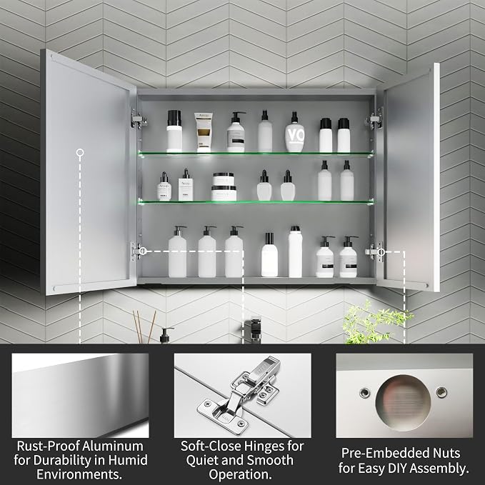 30x24 Inch Recessed Medicine Cabinet with Mirror, Aluminum Medicine Cabinet Mirror, Recessed or Surface Mount with 2 Adjustable Shelves Storage Organizer, Pre-Assembled Door, Soft-Closed System