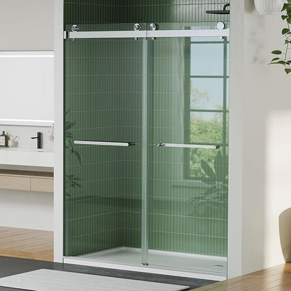 Frameless Double Sliding Shower Door, 44-48" Adjustable Width x 74" H, 6mm Tempered Glass with Easy-Clean Coating, Brushed Nickel Square Stainless Steel Track