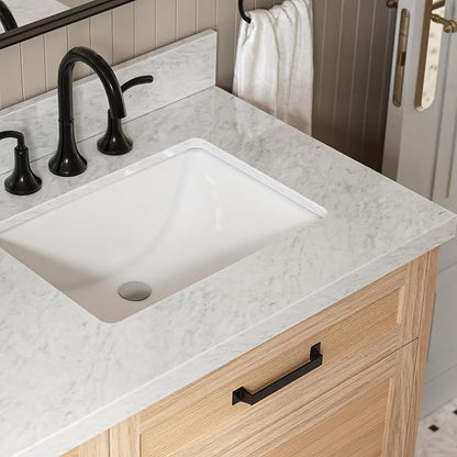 ARIEL Monroe 72-inch Bathroom Vanity with Sink,Solid Wood, 1.5-inch Italian Carrara Marble Countertop & Backsplash, Double Oval Porcelain Sink, 9 Dovetail Drawers, Matte Black, White Oak