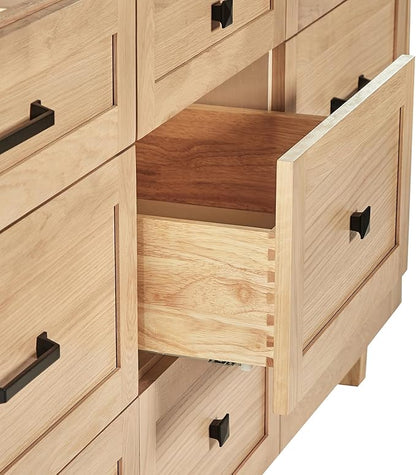 ARIEL Monroe 72-inch Bathroom Vanity with Sink,Solid Wood, 1.5-inch Pure White Quartz Countertop & Backsplash, Double Rectangular Porcelain Sink, 9 Dovetail Drawers, Matte Black, White Oak