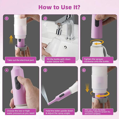 Hibbent Portable Bidet for Travel, High Pressure Electric Handheld Bidet Sprayer, 350-550ML Expandable Bottle for Personal Hygiene, USB-C Rechargeable Waterproof, Travel Sprayer for Women & Men, Pink