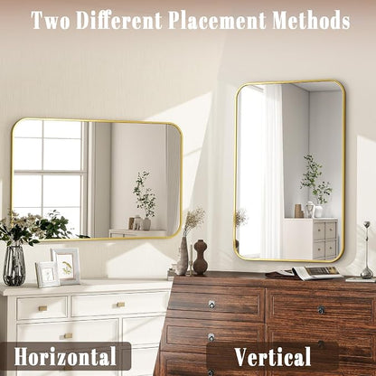 20x28 Inch Gold Bathroom Vanity Mirror for Over Sink | Rectangle Wall Mirror for Bathroom with Round Corner, Hangs Horizontally Vertically for Living Room, Bedroom as Home Decor