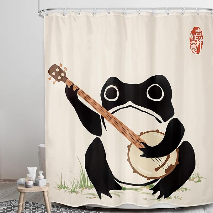 LGhtyro Funny Frog Shower Curtain Bathroom Set 60Wx71H Inches Japanese Asian Style Cute Animal Playing Banjo Vintage Traditional Art Retro Bath Accessories Beige Art Home Decor Fabric 12 Pack Hooks