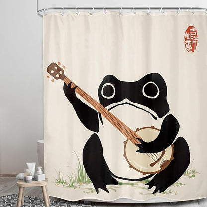 LGhtyro Funny Frog Shower Curtain Bathroom Set 60Wx71H Inches Japanese Asian Style Cute Animal Playing Banjo Vintage Traditional Art Retro Bath Accessories Beige Art Home Decor Fabric 12 Pack Hooks