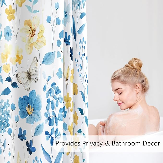 Extra Long Shower Curtain 72 x 96 Inch, Floor to Ceiling X-Long Blue Yellow Floral Shower Curtains, Watercolor Flower Butterfly Fabric Shower Curtain Set with Hooks
