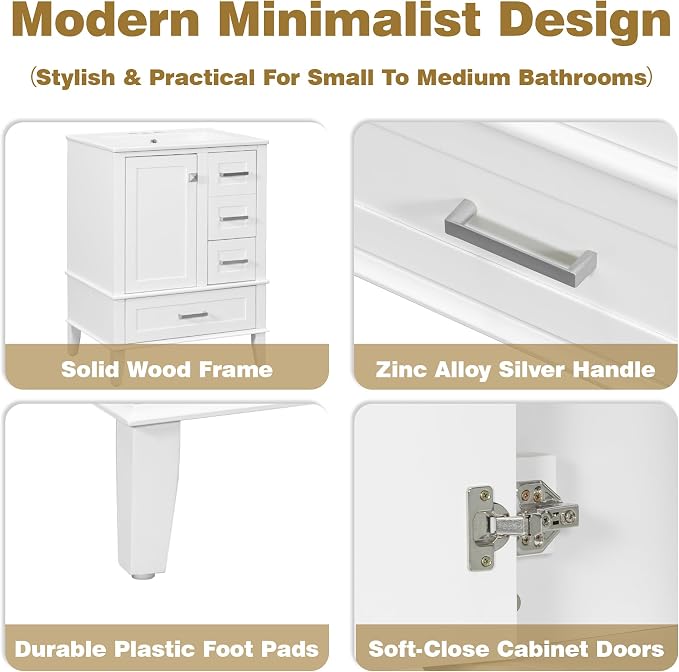 24.8" Bathroom Vanity with Ceramic Sink, Freestanding Bathroom Cabinet with Soft-Close Door, 3 Drawers & Spacious Storage, Solid Wood Frame and MDF, Modern White Vanity for Small Bathrooms