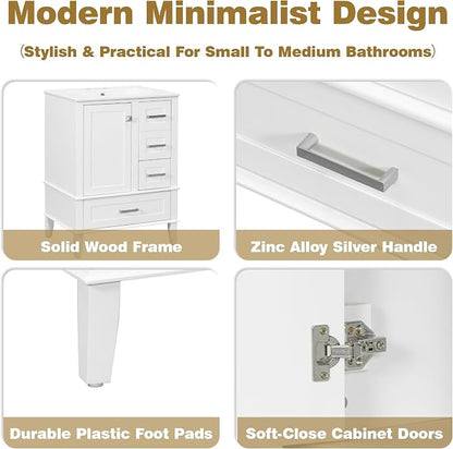 24.8" Bathroom Vanity with Ceramic Sink, Freestanding Bathroom Cabinet with Soft-Close Door, 3 Drawers & Spacious Storage, Solid Wood Frame and MDF, Modern White Vanity for Small Bathrooms