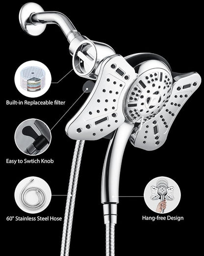 GRICH Shower Head with Handheld Spray - Dual High Pressure Showerhead | Rainfall Shower Heads Combo, Detachable Hand Shower, 9 Spray Settings, 60" Stainless Steel Shower Hose, 2.5GPM, Silver
