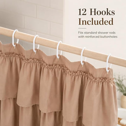 Ruffle Shower Curtain, Light Brown Farmhouse Design for Girl, Elegant Privacy & Cute, Boho Bathroom Decor, Decorative Bath Curtains, Vintage Beige, Modern Country Style, 36 x 72 inches