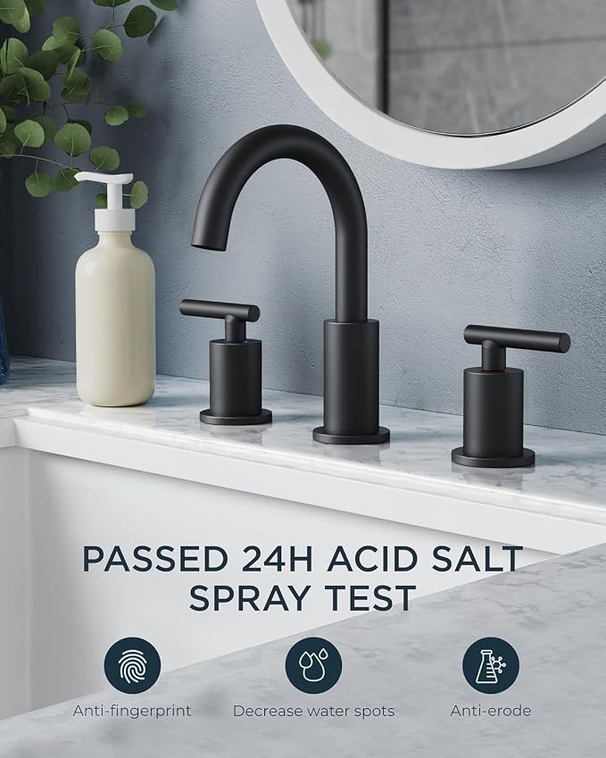 FORIOUS Widespread Black Bathroom Faucets 3 Hole, Matte Black Vanity Faucet | 2 Handle Black Vanity Faucet 3 Holes, 8 Inch bathroom Sink Faucet Black with 360° Rotating Spout, Pop Drain and Supply Line