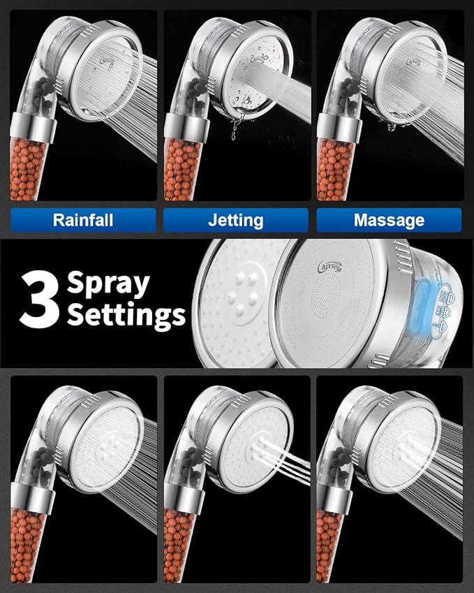 Filtered Shower Head with Handheld, High Pressure, for Hard Water | 3 Modes Shower with Handheld Spray, Water Softener, with Mineral Beads to Remove Chlorine & Fluoride, for Dry Hair & Skin