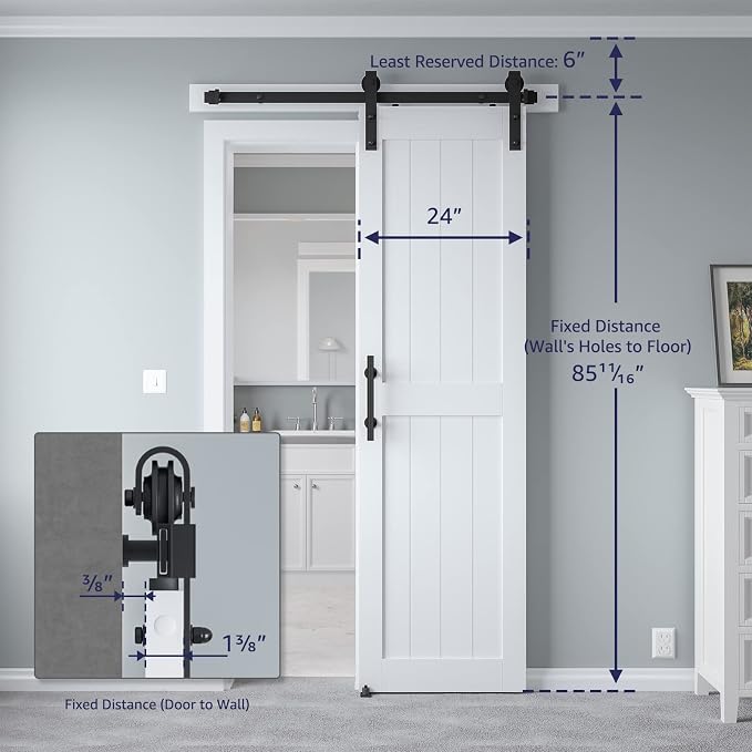 24in x 84in MDF Sliding Barn Door with 4ft Barn Door Hardware Kit & Handle | Pre-Drilled Holes Easy Assembly -Solid Barn Door Slab Covered with Water-Proof PVC Surface, White, H-Frame