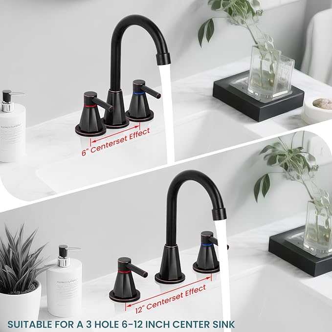 Bathroom Faucet 3 Hole,Oil Rubbed Bronze Bathroom Sink Faucet with 360°Swivel Spout, 8 inch Widespread 2 Handle Faucet for Bathroom Sink Vanity RV with Pop-up Drain Supply Line Stainless Steel