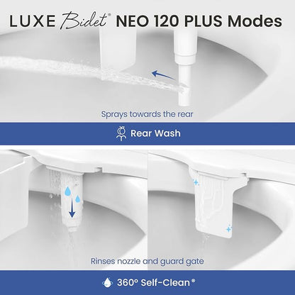 LUXE Bidet NEO 120 PLUS - Patented Non-Electric Bidet Attachment, White | Non-Electric, Single Nozzle, Slide-In Install, 360° Self-Clean, EZ-Lift to Clean, Rear Wash
