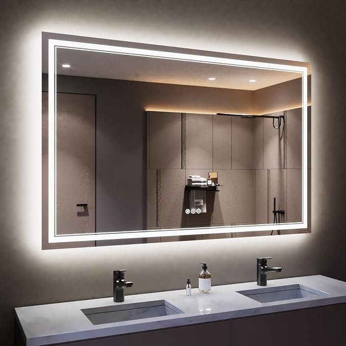 55x36 Inch LED Bathroom Mirror with Lights | Front and Backlit, 3 Colors, Dimmable, Memory, Anti Fog, Shatterproof, Horizontal/Vertical, Lighted Mirrors for Bathroom Wall