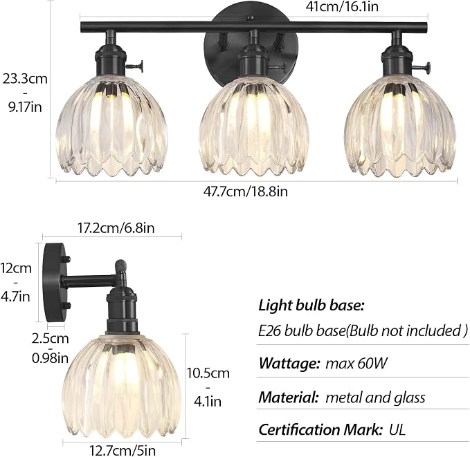 Matte Black 3 Light Bathroom Vanity Light,18.8in Modern Bathroom Lighting Fixtures Over Mirror with Tulip Crystal Glass Shade,Vintage Vanity Lights for Bathroom for Living Room（not include Bulbs)