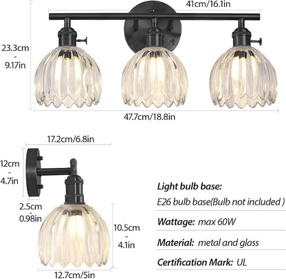 Matte Black 3 Light Bathroom Vanity Light,18.8in Modern Bathroom Lighting Fixtures Over Mirror with Tulip Crystal Glass Shade,Vintage Vanity Lights for Bathroom for Living Room（not include Bulbs)