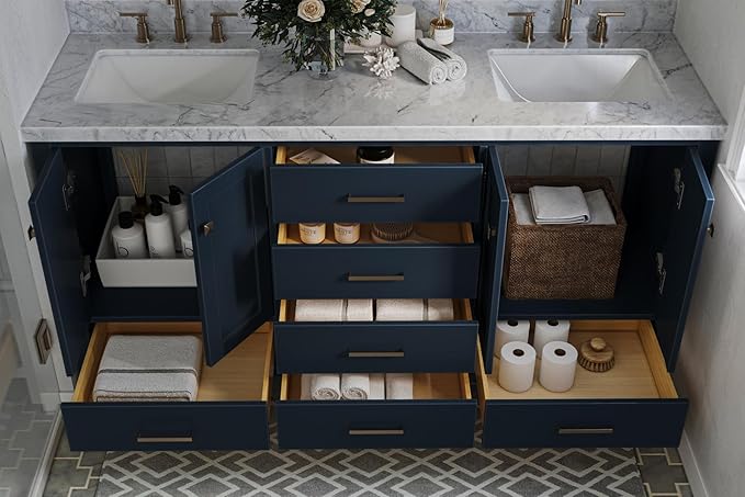 ARIEL Cambridge 66-inch Bathroom Vanity with Sink,Solid Wood, 1.5-inch Italian Carrara Marble Countertop, Double Rectangular Porcelain Sink, 4 Soft Closing Doors, 6 Dovetail Drawers, Midnight Blue