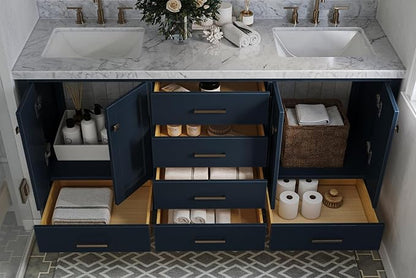 ARIEL Cambridge 66-inch Bathroom Vanity with Sink,Solid Wood, 1.5-inch Italian Carrara Marble Countertop, Double Rectangular Porcelain Sink, 4 Soft Closing Doors, 6 Dovetail Drawers, Midnight Blue
