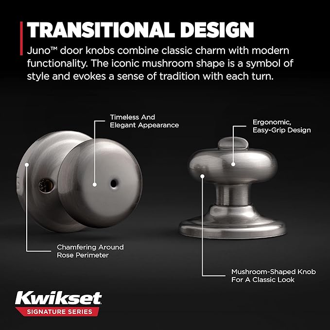 Kwikset Juno Interior Privacy Door Knob with Lock, Door Handle for Bathroom and Bedroom, Satin Nickel Keyless Turn Lock Doorknob, with Microban Protection (Pack of 8)