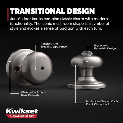 Kwikset Juno Interior Privacy Door Knob with Lock, Door Handle for Bathroom and Bedroom, Satin Nickel Keyless Turn Lock Doorknob, with Microban Protection (Pack of 6)
