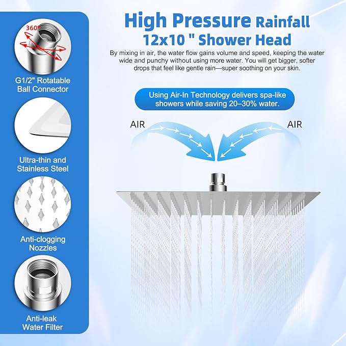 12” Metal Rain Shower Head with Handheld, 10-Mode with Filter, Easy Reach | Chrome, High-Pressure Rainfall Showerhead, Upgraded 4-Way Diverter Pause Mode, Adjustable 16" Extension Arm/71" Hose/Holder